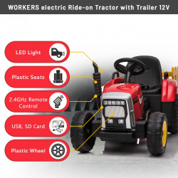Elektrický Traktor WORKERS s vlečkou,  červený