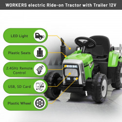 Elektrický Traktor WORKERS s vlečkou,  zelený